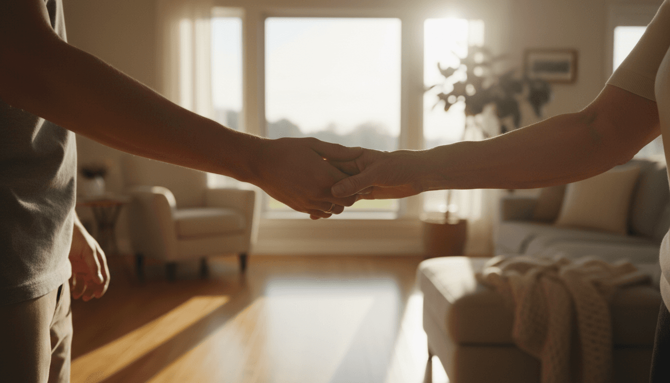 Warm, intimate documentary aesthetic close-up shot of a caregiver's hands gently guiding an elderly person's hand as they walk together through a sunlit living room.