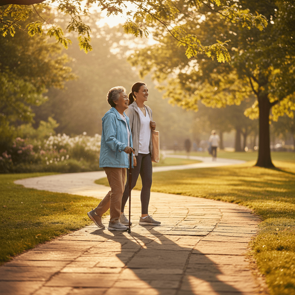 Caregiver and senior enjoying a walk together outdoors