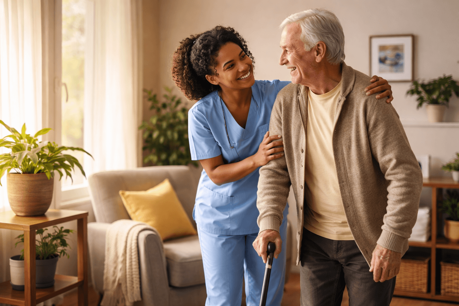 Smiling nurse in blue scrubs assists an elderly man with a cane at home.