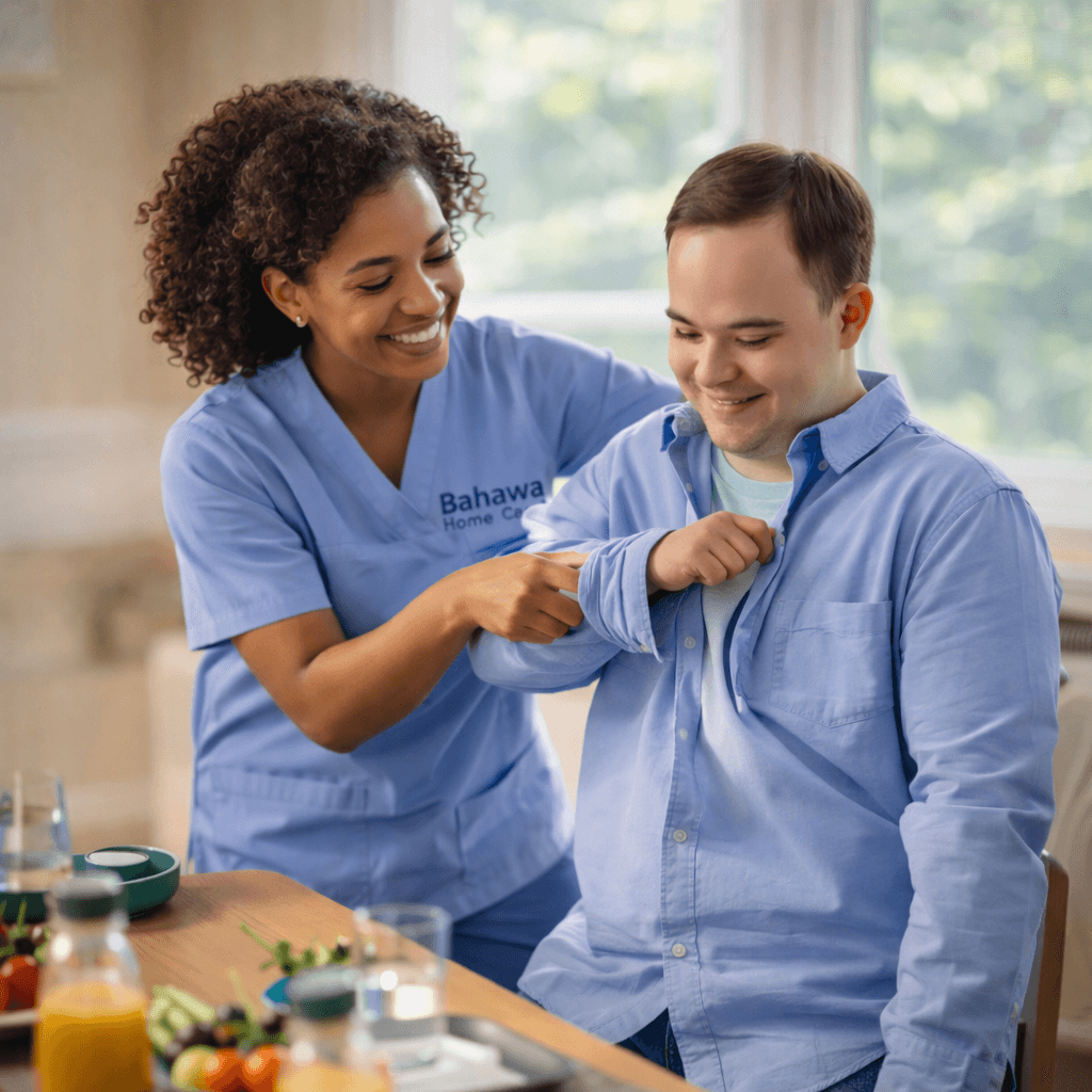 Smiling caregiver assists a young man with Down syndrome to button his blue shirt.