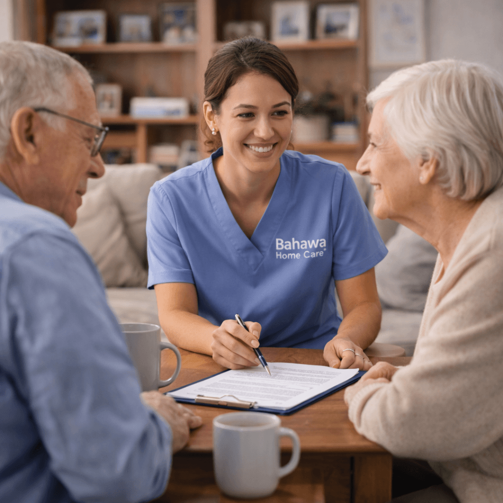 Smiling home care worker in blue scrubs reviews documents with an elderly couple at home.