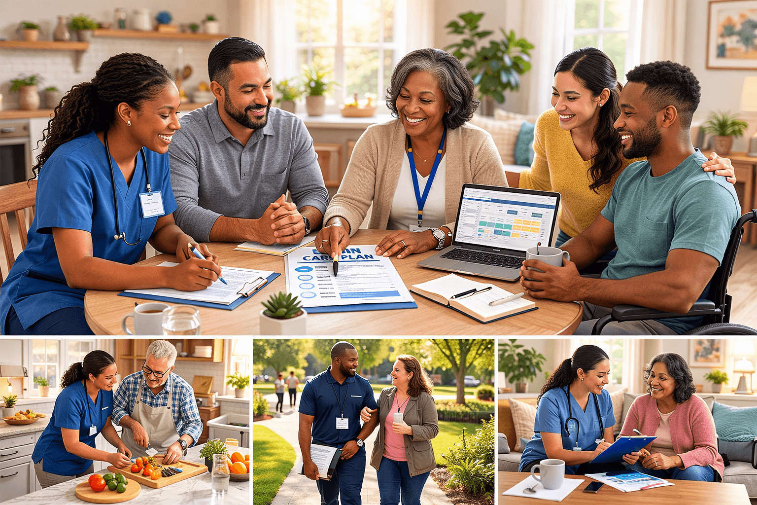 Diverse caregivers and families collaborating on care plans and assisting seniors in various settings.