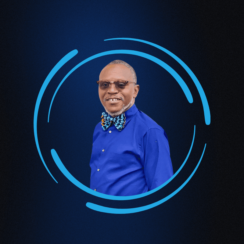 Man wearing glasses and a patterned bowtie, framed by a blue circular graphic design.